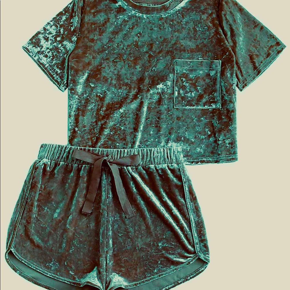 Emerald green crushed velvet crop top and shorts